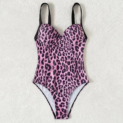 Swimwear- Summer Leopard Print Underwire Push-Up One-Piece Swimwear- - Pekosa Women Fashion