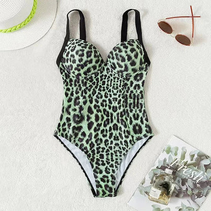 Swimwear- Summer Leopard Print Underwire Push-Up One-Piece Swimwear- - Pekosa Women Fashion