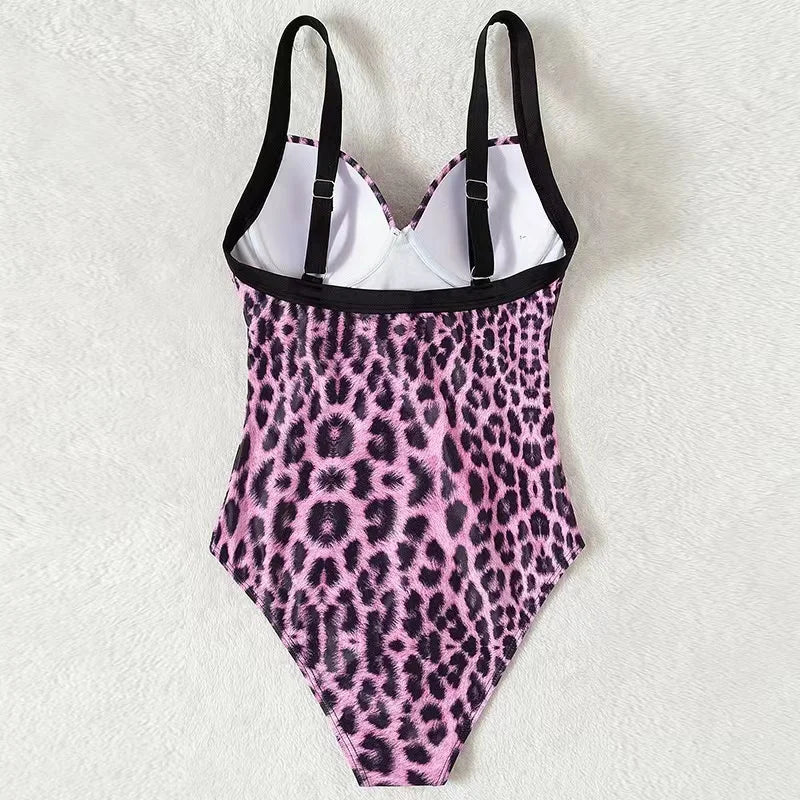 Swimwear- Summer Leopard Print Underwire Push-Up One-Piece Swimwear- - Pekosa Women Fashion