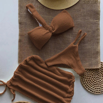 Swimwear- Sunny Days Swim 3-Piece Set Textured One-Shoulder Bra & Bikini with Mini Skirt- Coffee- Chuzko Women Clothing