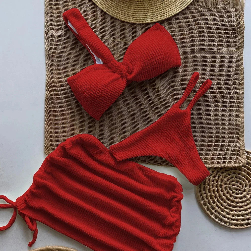 Swimwear- Sunny Days Swim 3-Piece Set Textured One-Shoulder Bra & Bikini with Mini Skirt- Red- Chuzko Women Clothing