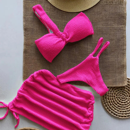 Swimwear- Sunny Days Swim 3-Piece Set Textured One-Shoulder Bra & Bikini with Mini Skirt- Pink- Chuzko Women Clothing