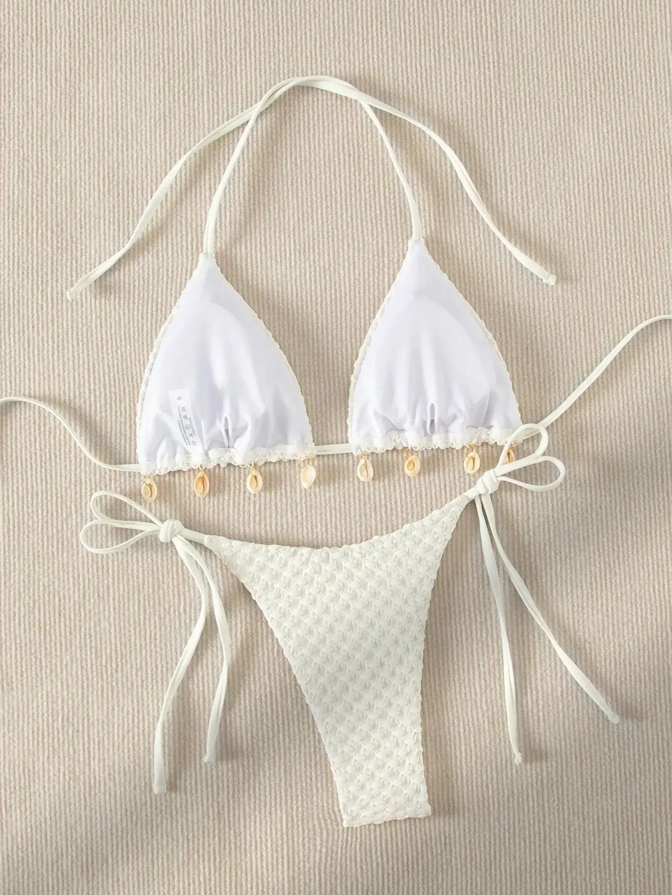 Swimwear- Textured Triangle Bikini with Padded Bra in Shell Details- - Pekosa Women Fashion