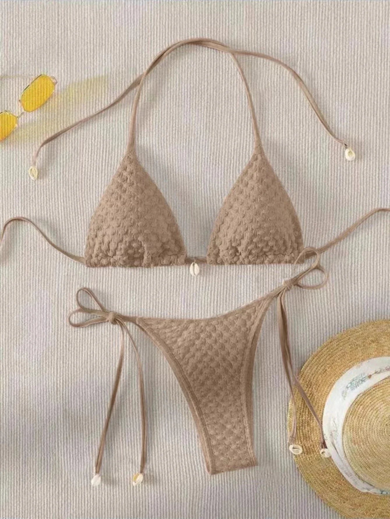 Swimwear- Textured Triangle Bikini with Padded Bra in Shell Details- Coffee 2- Pekosa Women Fashion