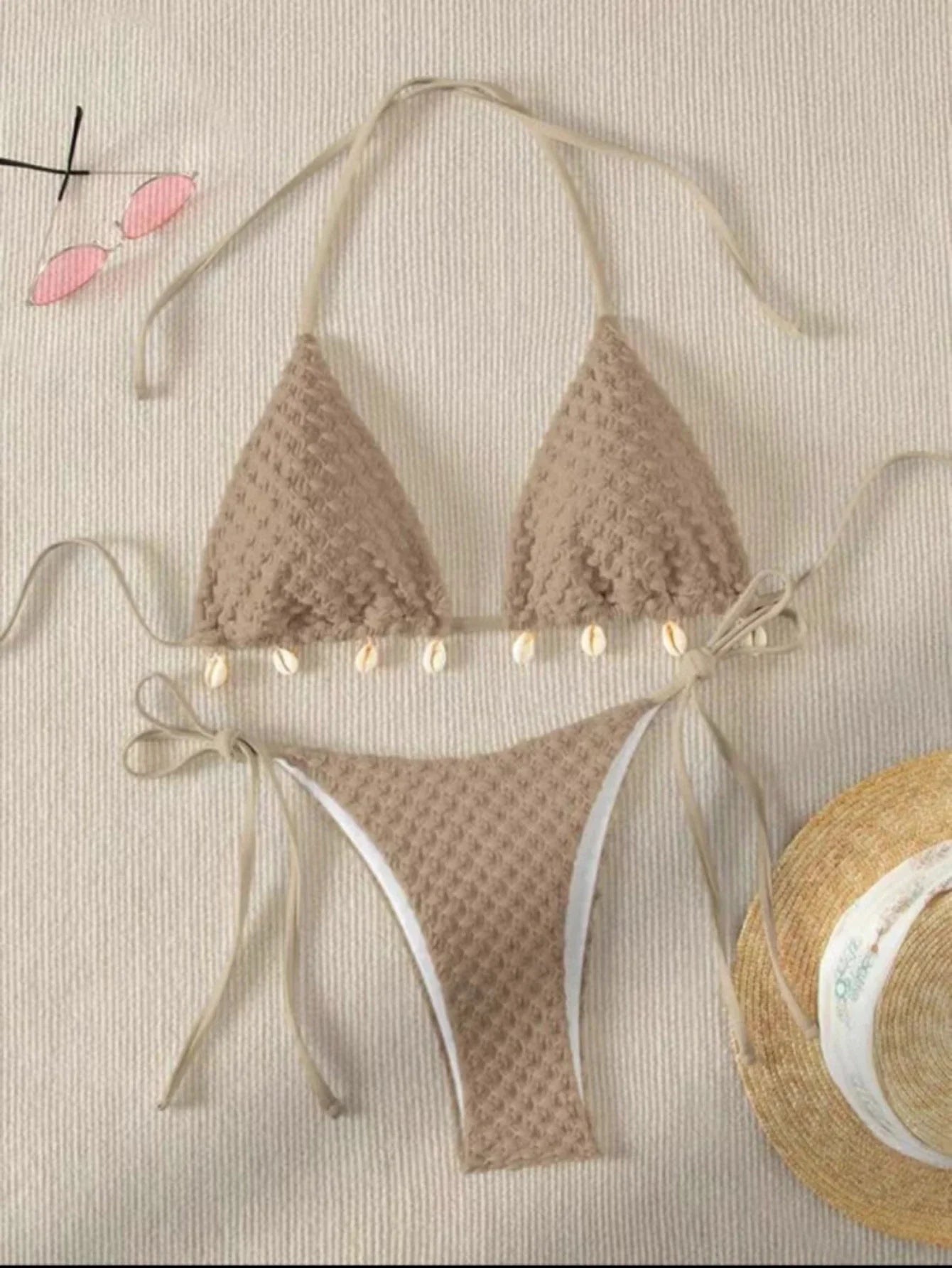 Swimwear- Textured Triangle Bikini with Padded Bra in Shell Details- Coffee- Pekosa Women Fashion