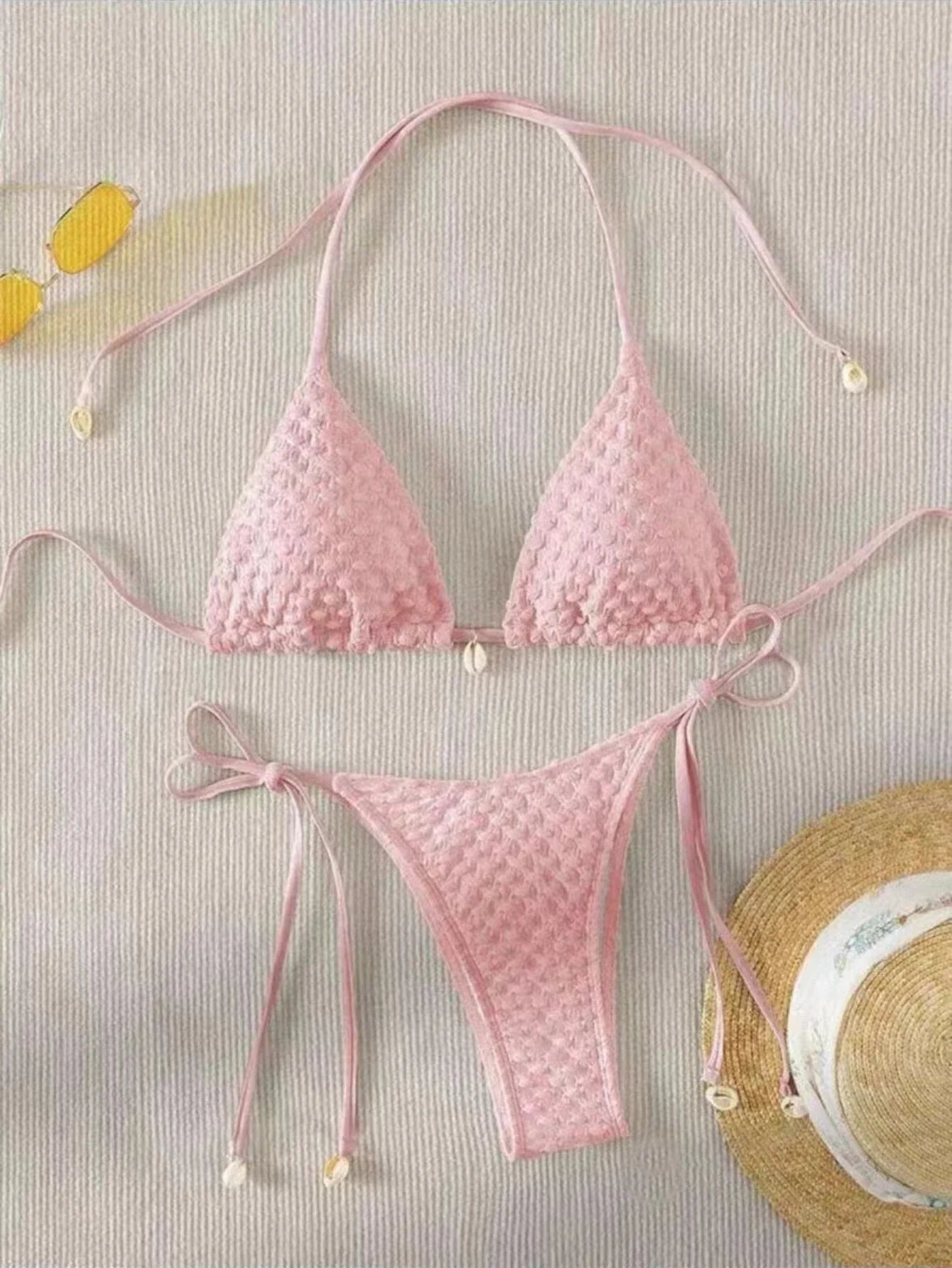 Swimwear- Textured Triangle Bikini with Padded Bra in Shell Details- Pink 2- Pekosa Women Fashion