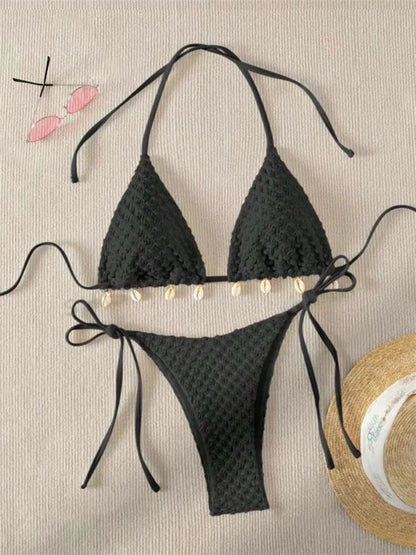 Swimwear- Textured Triangle Bikini with Padded Bra in Shell Details- Black- Pekosa Women Fashion