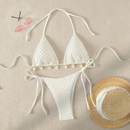 Swimwear- Textured Triangle Bikini with Padded Bra in Shell Details- - Pekosa Women Fashion