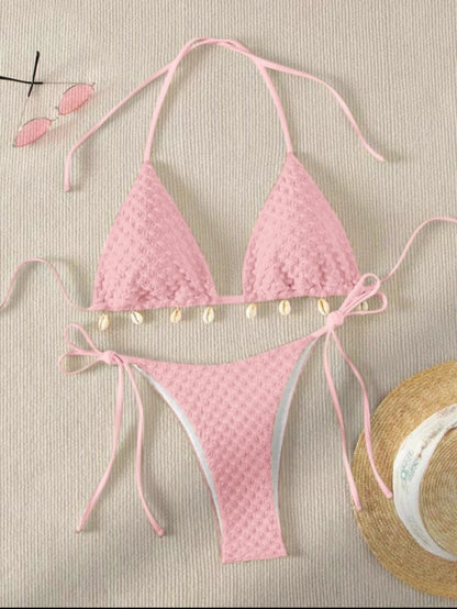 Swimwear- Textured Triangle Bikini with Padded Bra in Shell Details- Pink- Pekosa Women Fashion