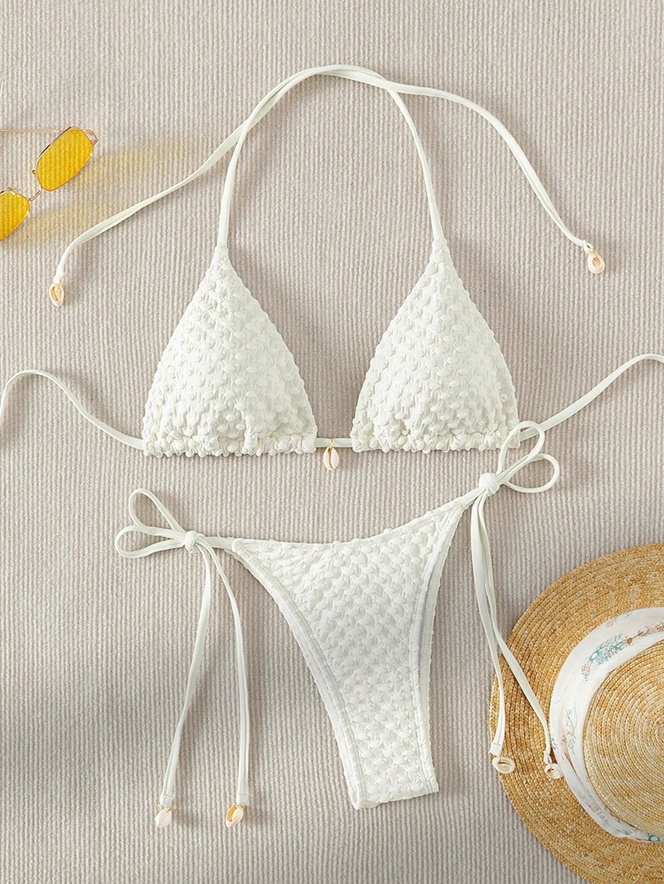 Swimwear- Textured Triangle Bikini with Padded Bra in Shell Details- - Pekosa Women Fashion