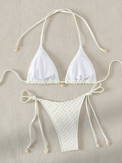 Swimwear- Textured Triangle Bikini with Padded Bra in Shell Details- - Pekosa Women Fashion