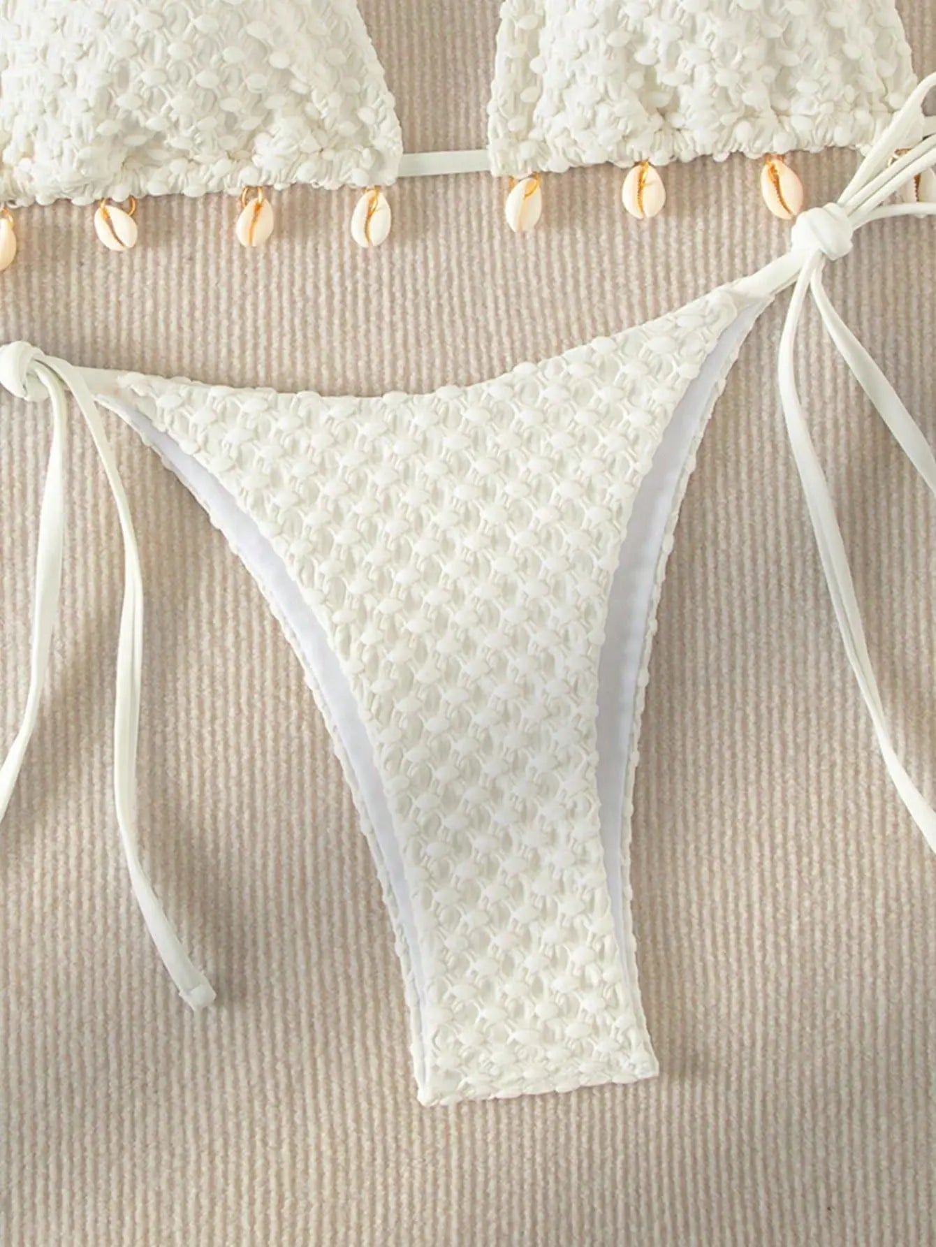 Swimwear- Textured Triangle Bikini with Padded Bra in Shell Details- - Pekosa Women Fashion