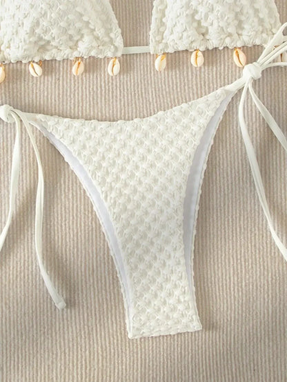 Swimwear- Textured Triangle Bikini with Padded Bra in Shell Details- - Pekosa Women Fashion