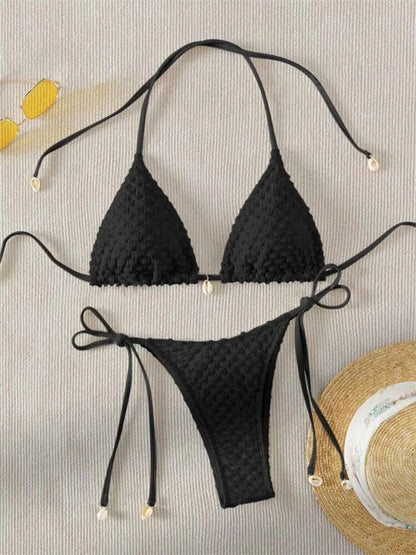 Swimwear- Textured Triangle Bikini with Padded Bra in Shell Details- Black 2- Pekosa Women Fashion