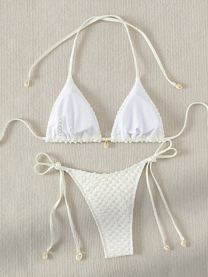 Swimwear- Textured Triangle Bikini with Padded Bra in Shell Details- - Pekosa Women Fashion