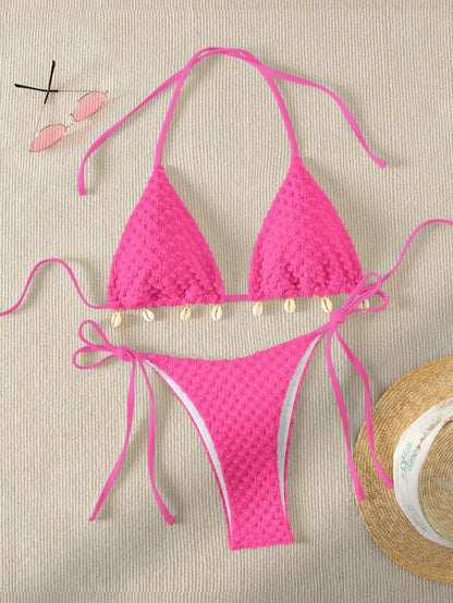 Swimwear- Textured Triangle Bikini with Padded Bra in Shell Details- Hot Pink- Pekosa Women Fashion