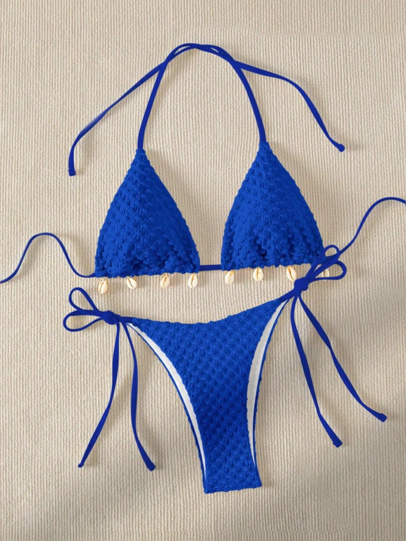 Swimwear- Textured Triangle Bikini with Padded Bra in Shell Details- Blue- Pekosa Women Fashion