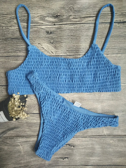 Swimwear- Textured Waffle 2-Piece Swim Set - Top & Low-Waist Bikini for Women- Blue- Chuzko Women Clothing