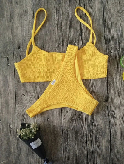 Swimwear- Textured Waffle 2-Piece Swim Set - Top & Low-Waist Bikini for Women- Yellow- Chuzko Women Clothing