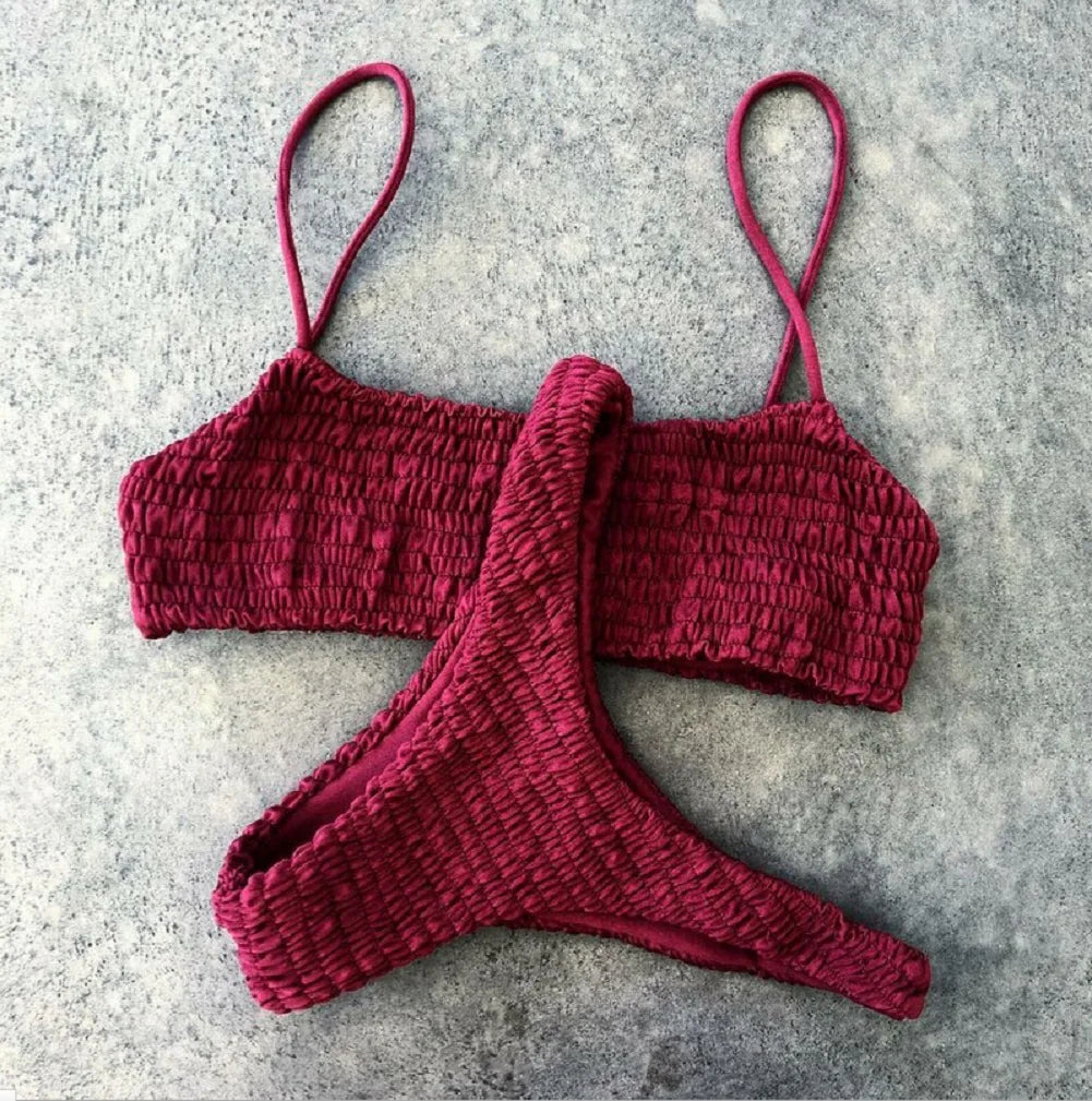 Swimwear- Textured Waffle 2-Piece Swim Set - Top & Low-Waist Bikini for Women- Wine Red- Chuzko Women Clothing