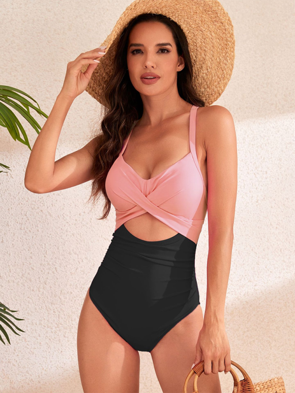 Swimwear- Toned Color-Block Wrap Monokini with Belly-Smoothing Swimsuit- Pink- Pekosa Women Fashion