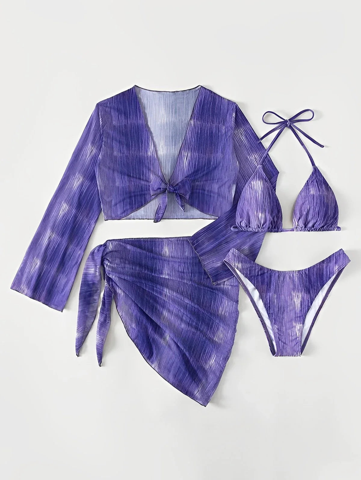 Swimwear- Tropical 4-Piece Beachwear Set with Padded Triangle Bra and Cover-Ups- - Pekosa Women Fashion