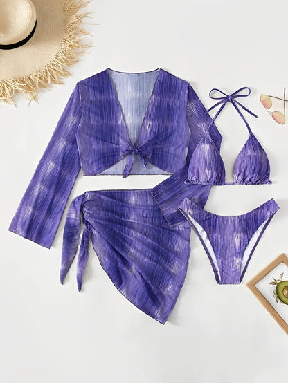 Swimwear- Tropical 4-Piece Beachwear Set with Padded Triangle Bra and Cover-Ups- - Pekosa Women Fashion