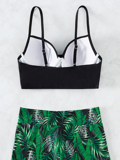 Swimwear- Tropical Color Block 2-Piece Beach Bikini with High-Waisted Shorts- - Pekosa Women Fashion