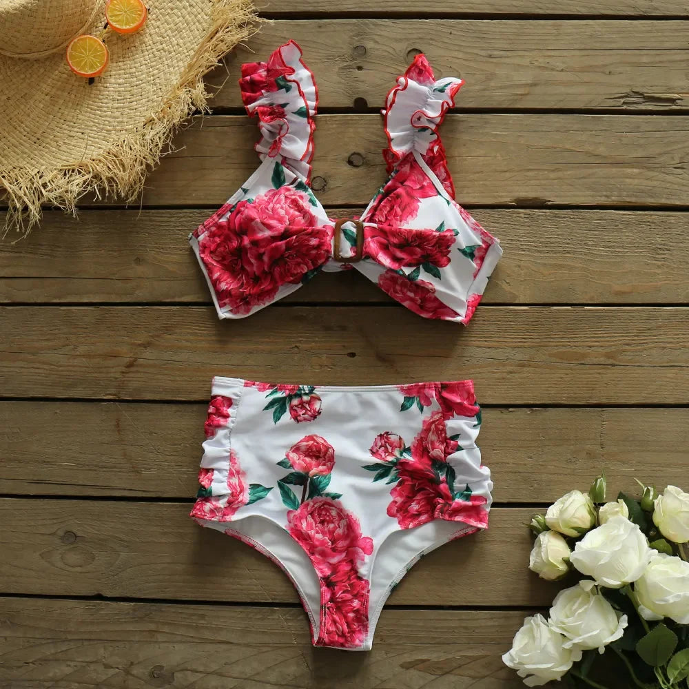 Swimwear- Summer Love High-Waisted Floral Bikini for Tropical Getaways- - Pekosa Women Fashion