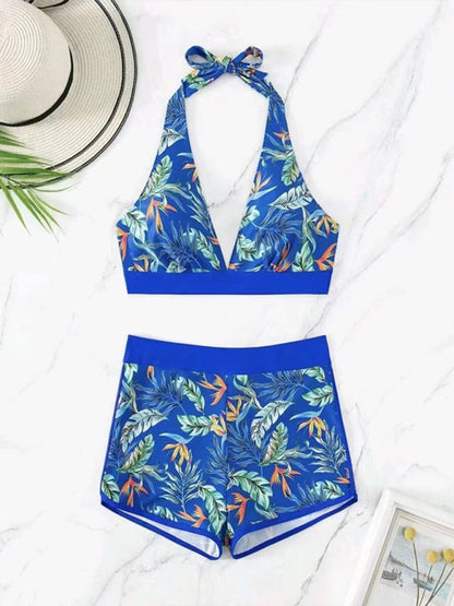 Swimwear - Tropical Halter Swimwear Set Belly Coverage Boyshorts