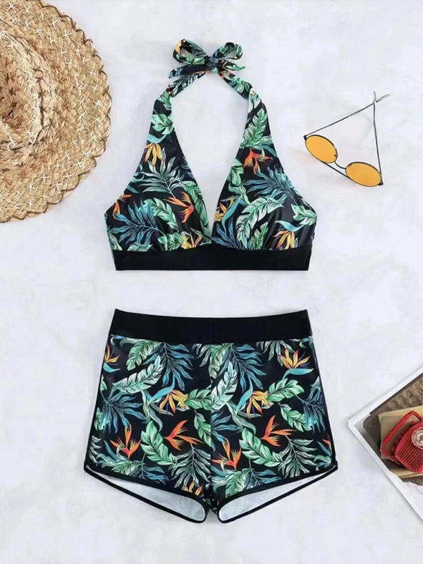 Swimwear - Tropical Halter Swimwear Set Belly Coverage Boyshorts