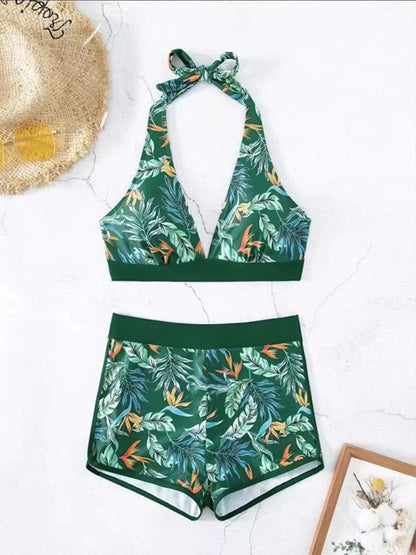 Swimwear - Tropical Halter Swimwear Set Belly Coverage Boyshorts