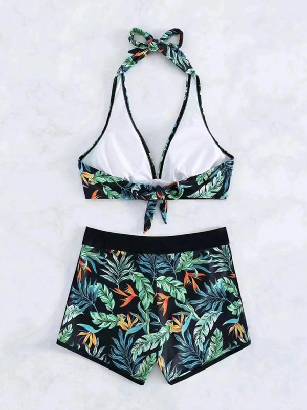 Swimwear - Tropical Halter Swimwear Set Belly Coverage Boyshorts