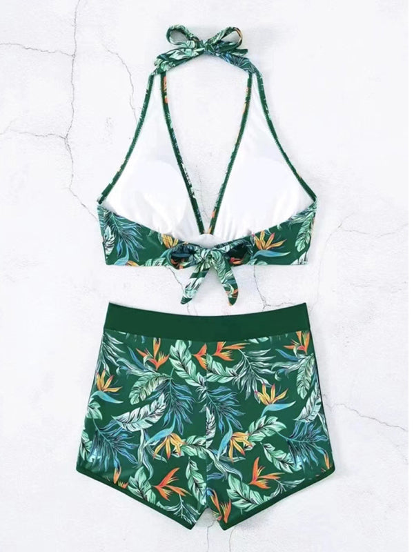 Swimwear - Tropical Halter Swimwear Set Belly Coverage Boyshorts