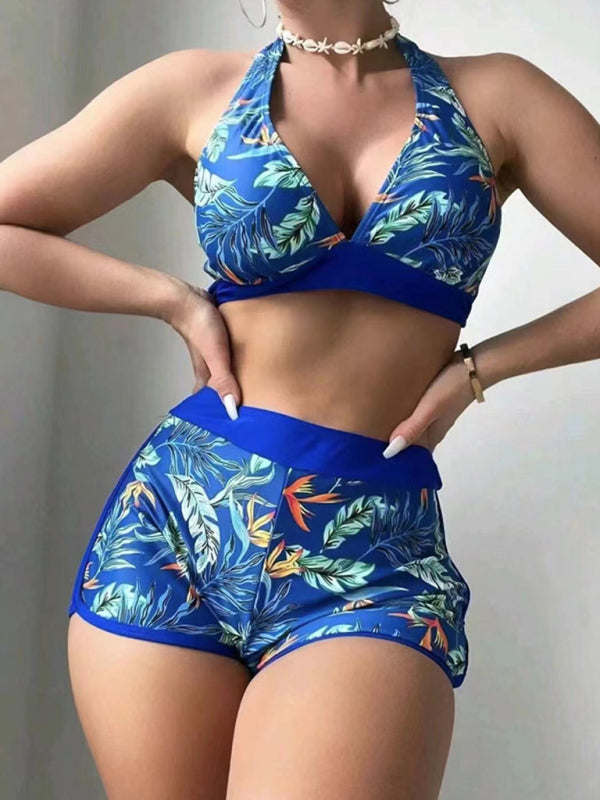 Swimwear - Tropical Halter Swimwear Set Belly Coverage Boyshorts