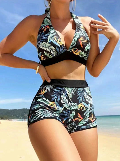 Swimwear - Tropical Halter Swimwear Set Belly Coverage Boyshorts