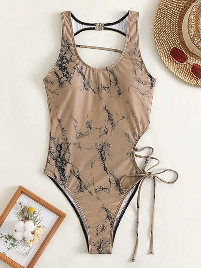 Swimwear- Tropical Paradise Women's Asymmetric Lace-Up Back One-Piece Swimwear- - Pekosa Women Fashion