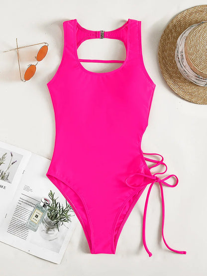 Swimwear- Tropical Paradise Women's Asymmetric Lace-Up Back One-Piece Swimwear- - Pekosa Women Fashion