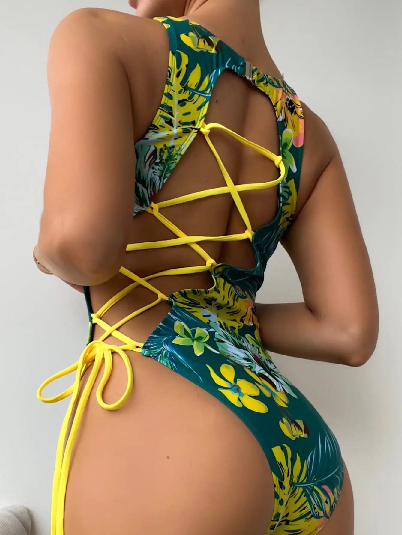 Swimwear- Tropical Paradise Women's Asymmetric Lace-Up Back One-Piece Swimwear- - Pekosa Women Fashion