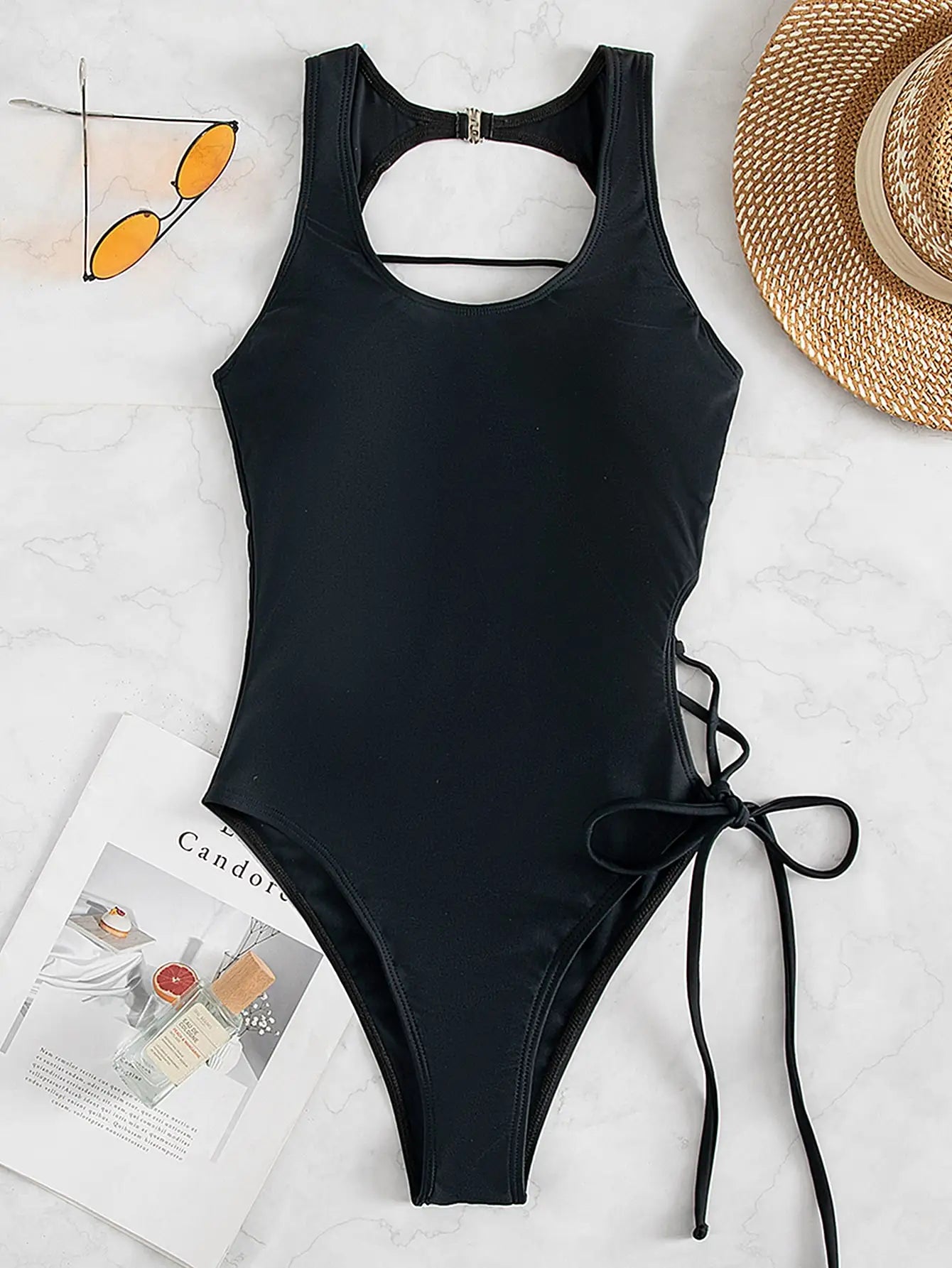 Swimwear- Tropical Paradise Women's Asymmetric Lace-Up Back One-Piece Swimwear- Black- Pekosa Women Fashion