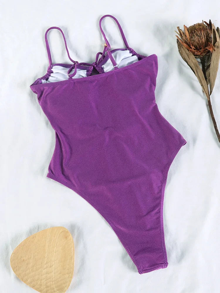 Swimwear- Tummy Control Cutout Glossy One-Piece Swimsuit for Beach- - Pekosa Women Fashion