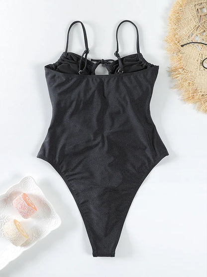 Swimwear- Tummy Control Cutout Glossy One-Piece Swimsuit for Beach- - Pekosa Women Fashion