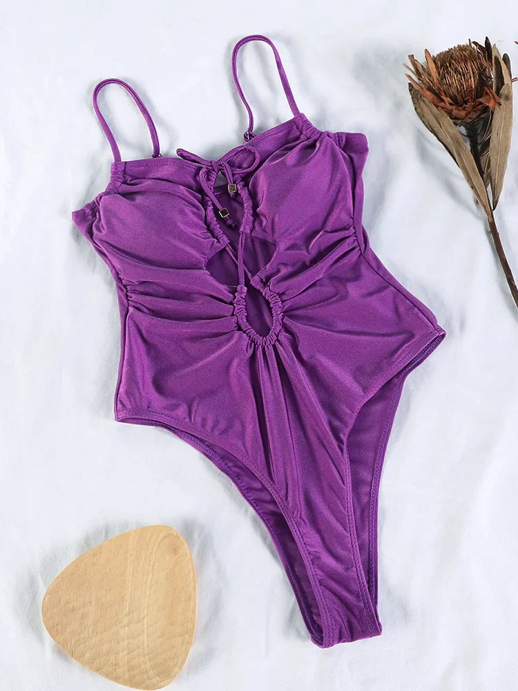 Swimwear- Tummy Control Cutout Glossy One-Piece Swimsuit for Beach- - Pekosa Women Fashion