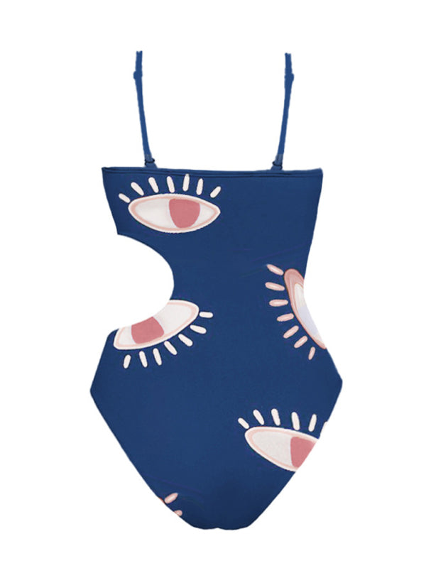 Swimwear- Tummy Control Ruffle Blue One-Piece Swimsuit in Eye Print- - Pekosa Women Fashion