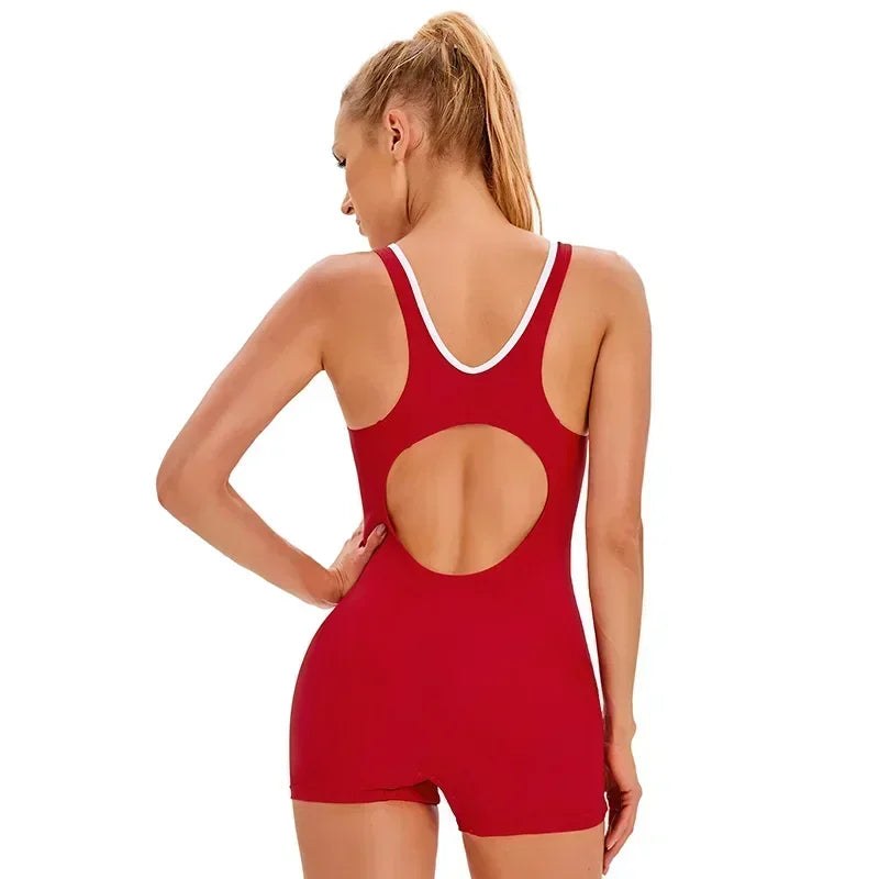 Swimwear- Vibrant Contrast Sporty One-Piece Romper Swimwear- - Pekosa Women Fashion