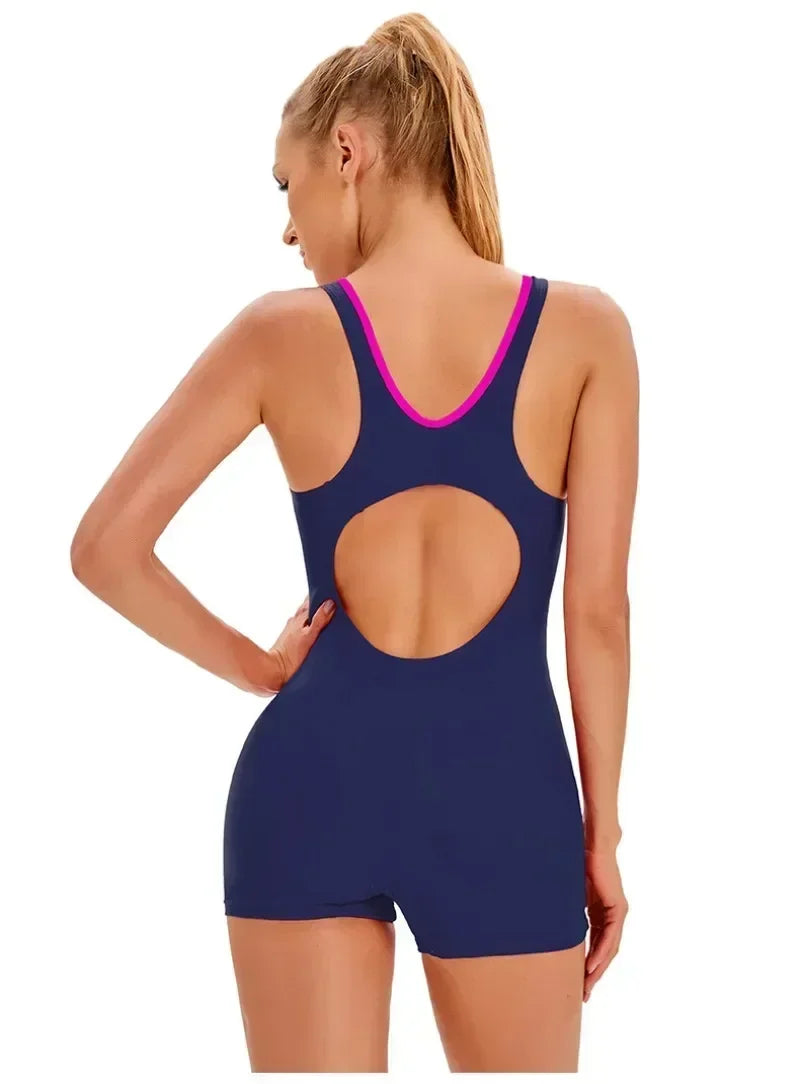 Swimwear- Vibrant Contrast Sporty One-Piece Romper Swimwear- - Pekosa Women Fashion