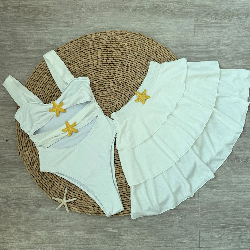 Swimwear - White Cutout One Piece Swimsuit with Playful Skirt