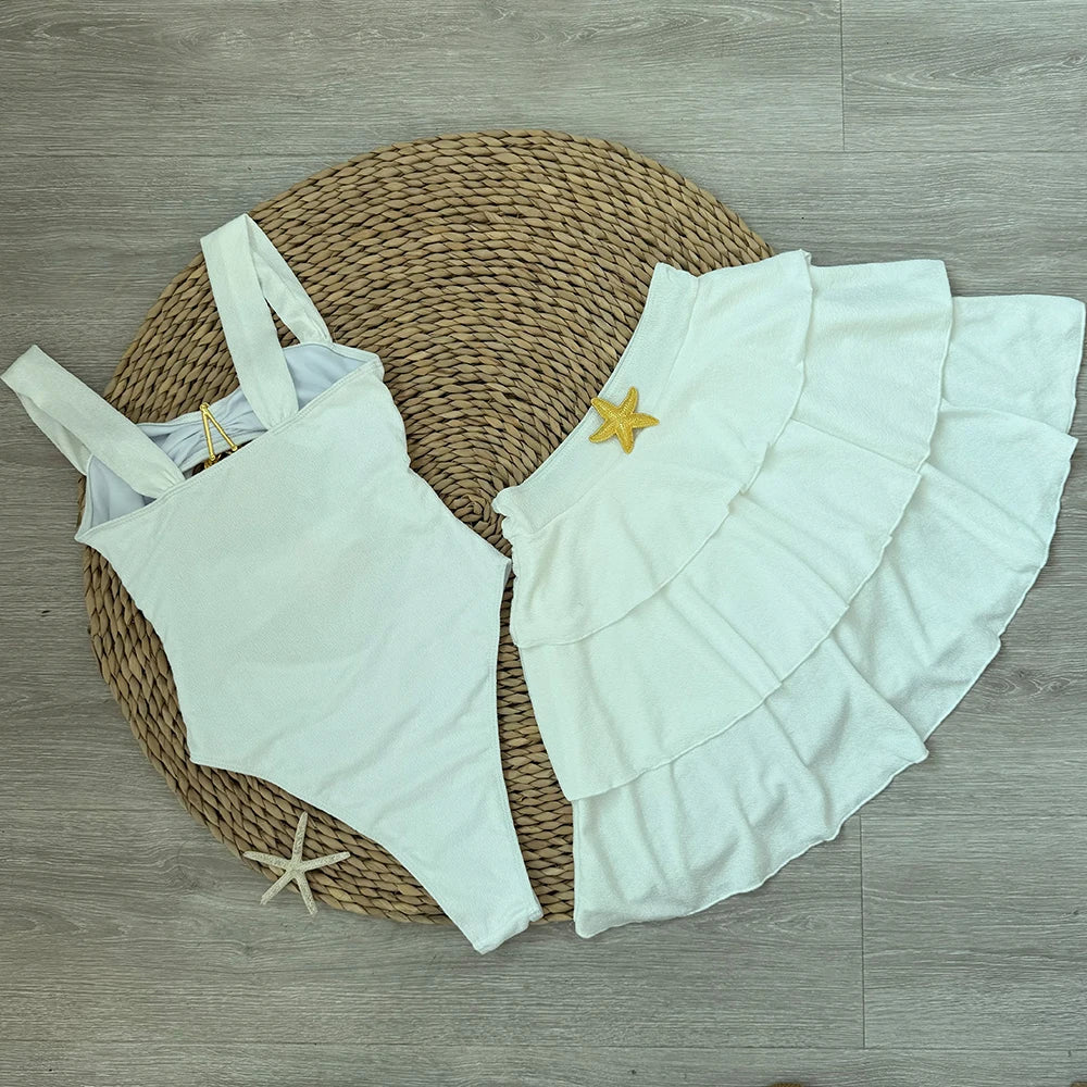 Swimwear - White Cutout One Piece Swimsuit with Playful Skirt