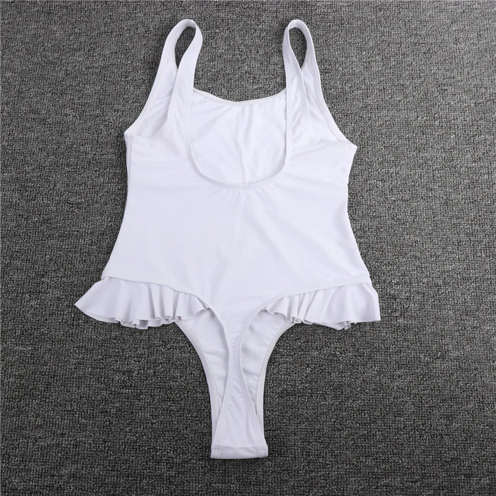 Swimwear - White Ruffled Swimsuit Brazilian One Piece Swimwear