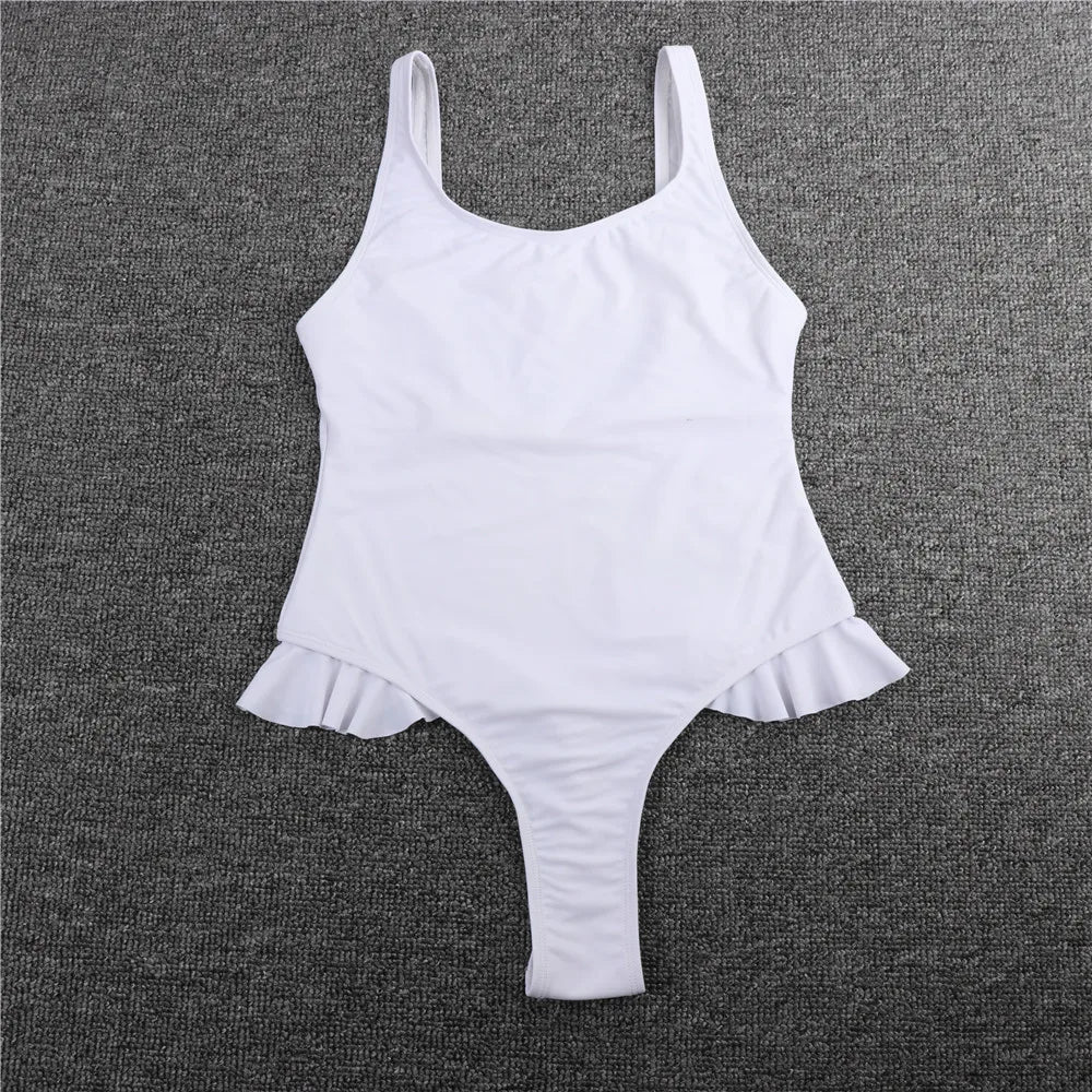 Swimwear - White Ruffled Swimsuit Brazilian One Piece Swimwear